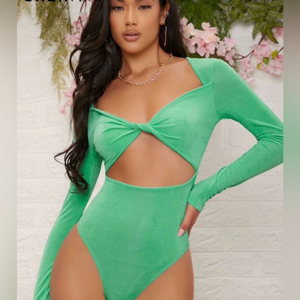 Green Long Sleeve Women's Bodysuit with Cutout Middle